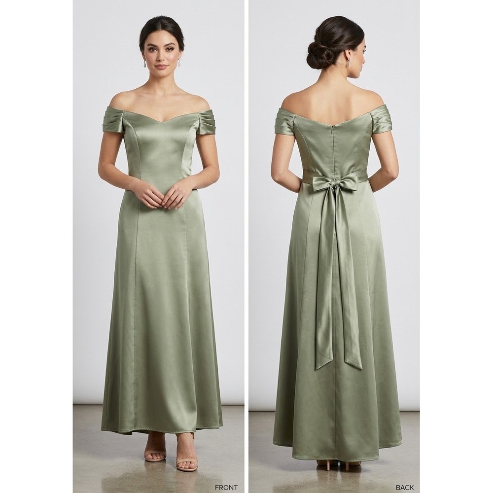 Sage Green Satin Off the Shoulder Formal Gown A-Line Maxi Dress with Back Bow